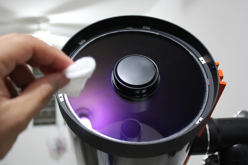 Limpiando la placa con un algodón mojado en alcohol.