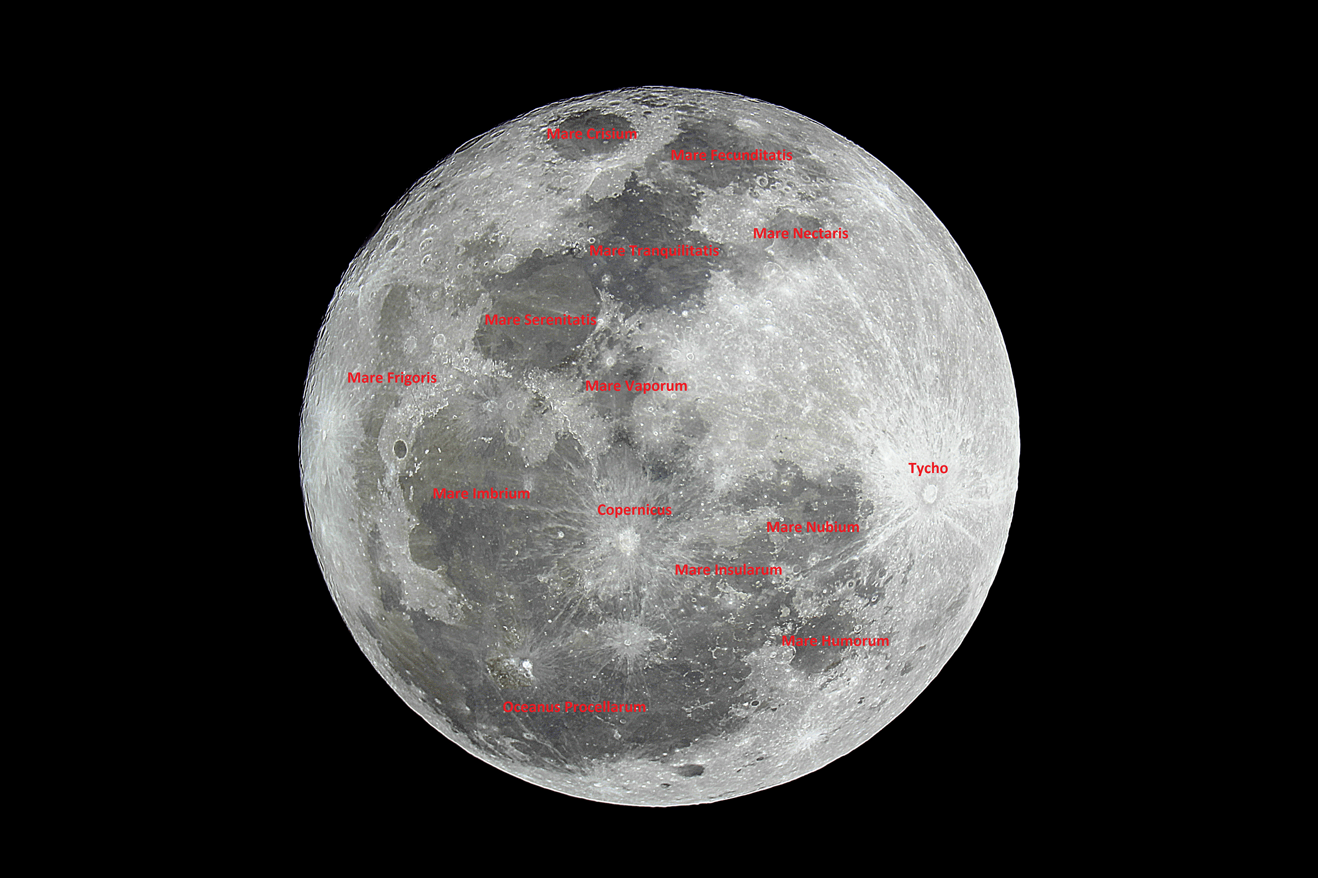Mapa de los detalles más prominentes durante la Luna Llena. (Foto por el autor)