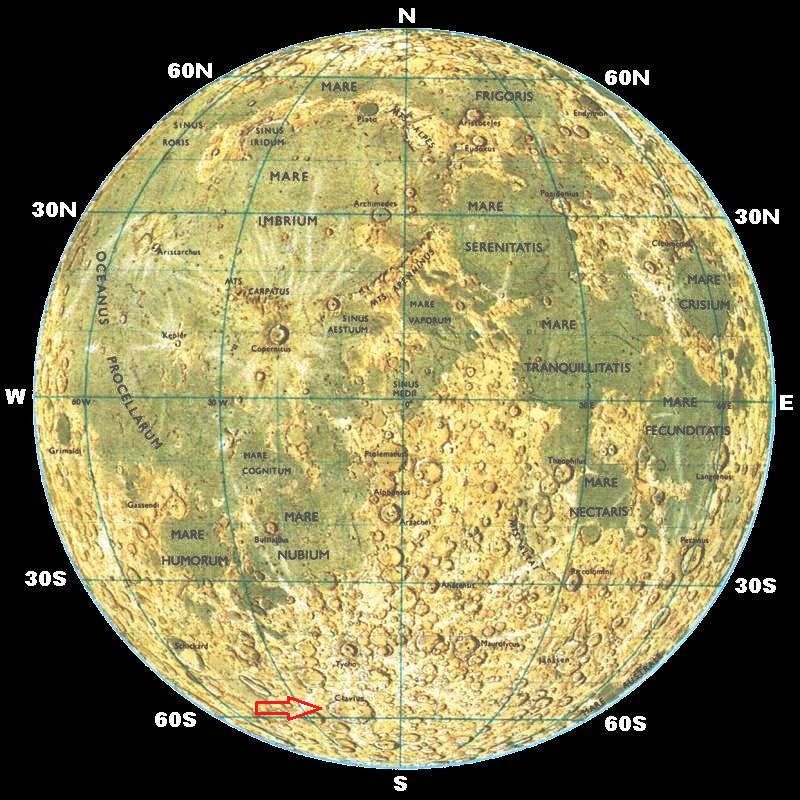 Mapa lunar mostrando la localización del cráter Clavius.