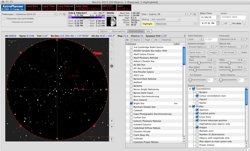 Simulación del campo visual a través de mi telescopio, observando a IC 1396.