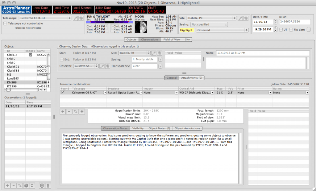 Zona para hacer anotaciones sobre las observaciones en Astroplanner.