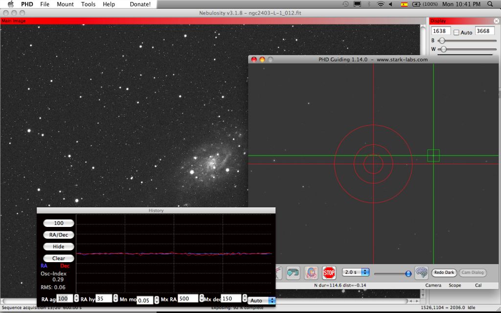 Captura de pantalla de la sesión de hoy. Programas en uso: Nebulosity y PHD Guiding.