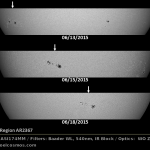 Movimiento del grupo de manchas solares AR2367 observado desde el 13 de junio hasta el 18 de junio de 2015. Crédito: Gustavo Sánchez/Captando el Cosmos