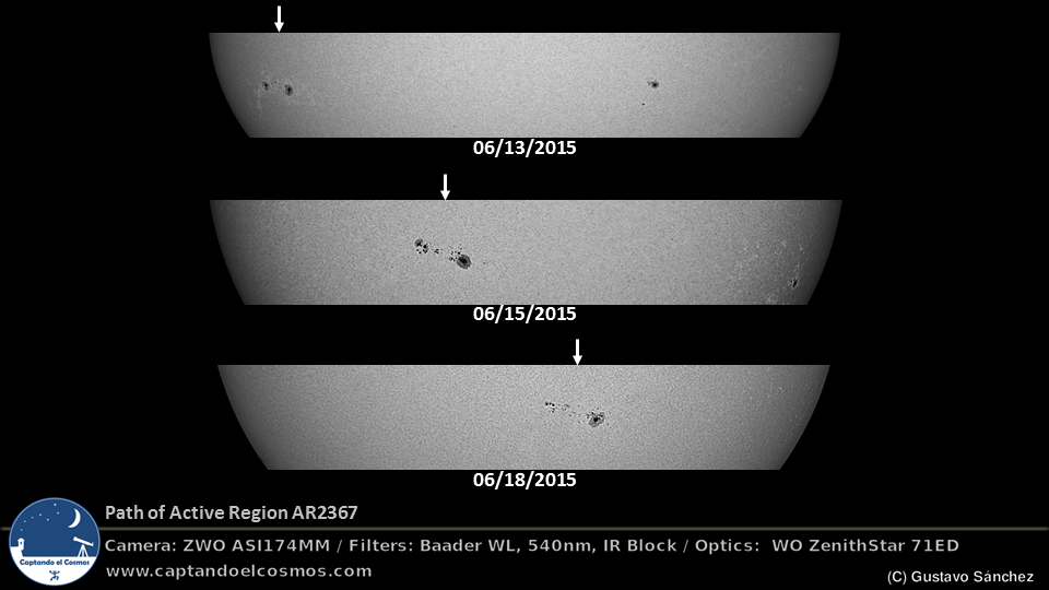 Movimiento del grupo de manchas solares AR2367 observado desde el 13 de junio hasta el 18 de junio de 2015. Crédito: Gustavo Sánchez/Captando el Cosmos