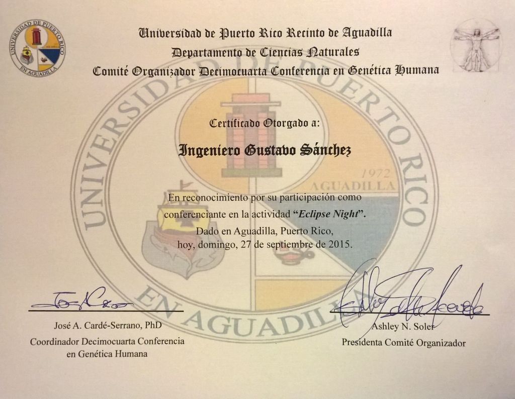 Certificado entregado al autor por su participación en la actividad.