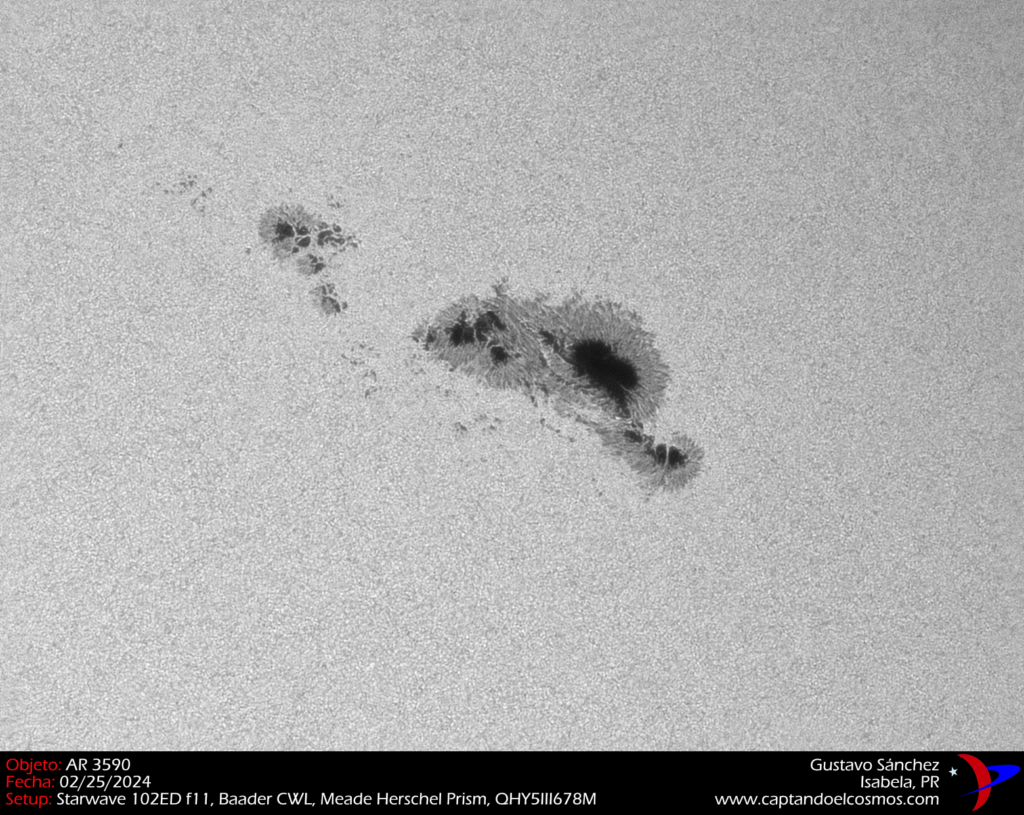 Foto más reciente de AR 3590, tomada el 25 de febrero de 2024. Se aprecia cómo ha ido evolucionando y aumentando en tamaño.