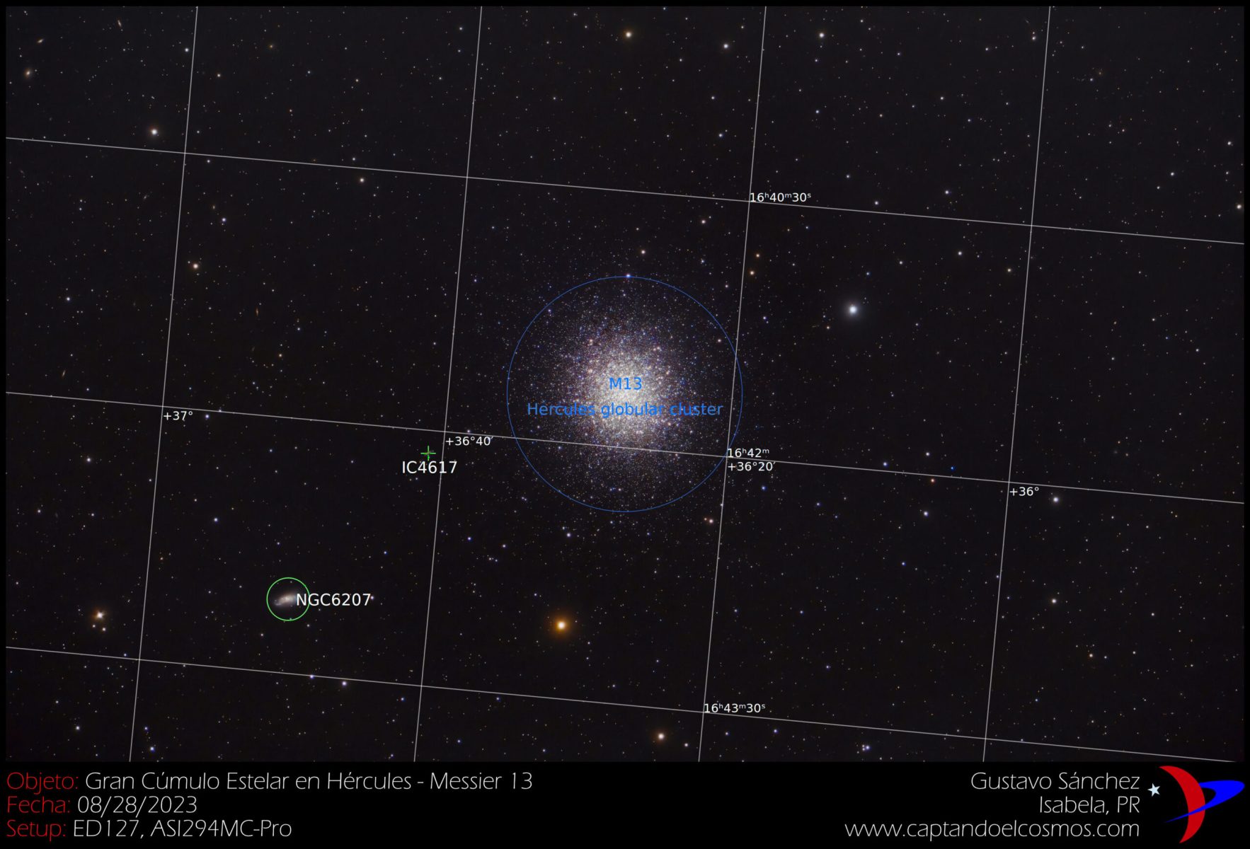 Messier 13, versión anotada. Crédito: Gustavo Sánchez.