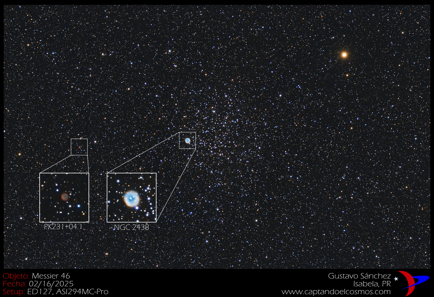 Messier 46 y sus nebulosas planetarias. Crédito: Gustavo Sánchez.