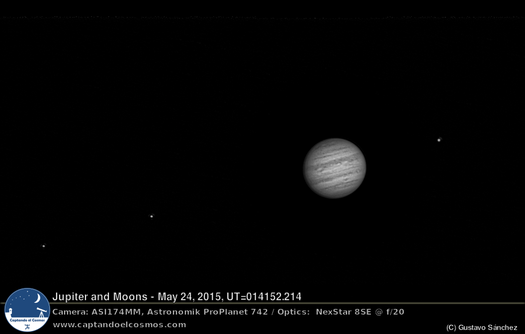 Júpiter y sus lunas. Izquierda a derecha: Europa, Io, Júpiter, Ganímedes. Crédito: Gustavo Sánchez/Captando el Cosmos