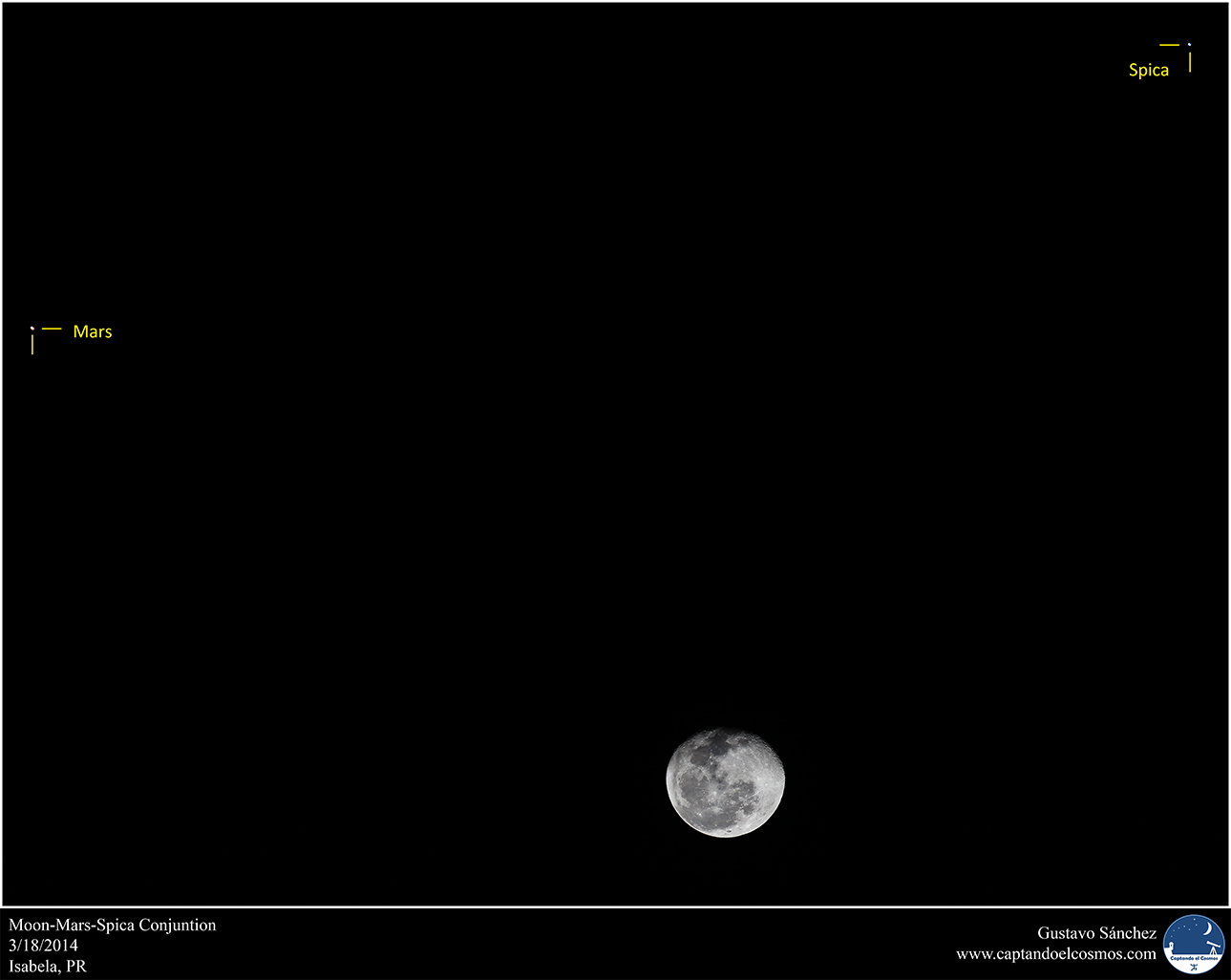 Triple conjunción de la Luna, Marte y Spica. Crédito: Gustavo Sánchez/Captando el Cosmos