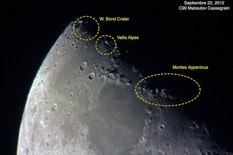 Región noreste de la Luna, donde se encuentran los objetos observados en esta sesión de observación y astrofotografía.