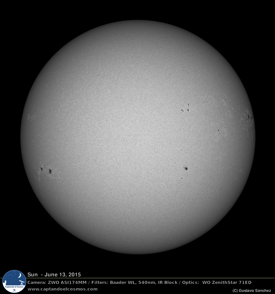 Disco solar visto a través de un filtro de 540nm, en versión monocromática en blanco y negro. Crédito: Gustavo Sánchez/Captando el Cosmos