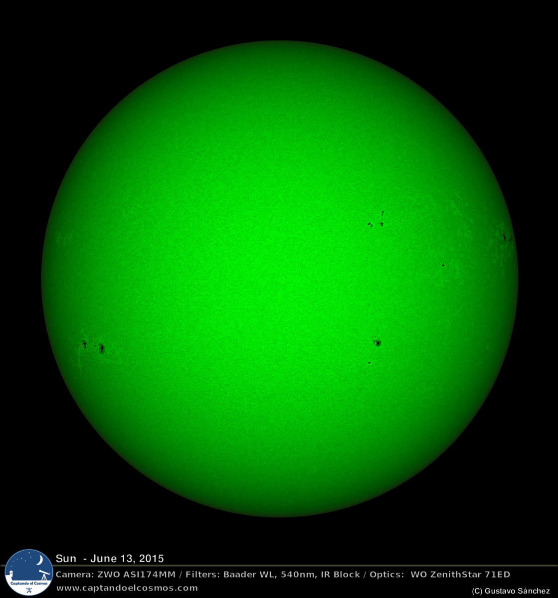 Disco solar visto a través de un filtro de 540nm, en su color "natural". Crédito: Gustavo Sánchez/Captando el Cosmos